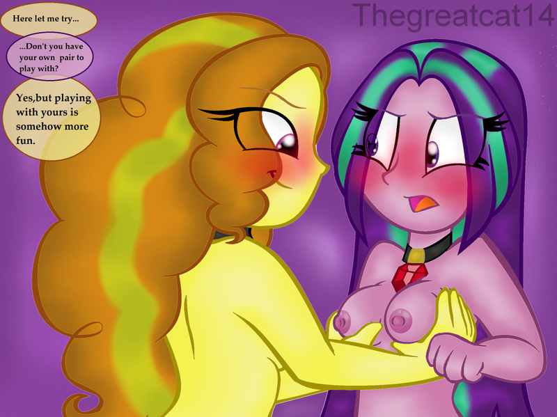 Size: 1280x959 | Tagged: questionable, artist:queentigrel, derpibooru import, adagio dazzle, aria blaze, equestria girls, adaria, bad touch, blushing, breast fondling, breast grab, breasts, busty aria blaze, female, grope, lesbian, loose hair, molestation, nipples, shipping, topless