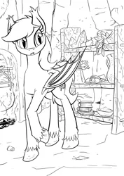 Size: 1169x1653 | Tagged: safe, artist:darkhestur, derpibooru import, oc, oc:kyna, unofficial characters only, bat pony, pony, druid, female, ingredients, lineart, mare, monochrome, shelf, solo