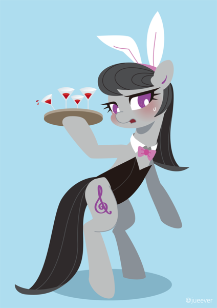 Size: 706x1000 | Tagged: dead source, safe, artist:pixiedot9, derpibooru import, octavia melody, pony, bipedal, blue background, blushing, bunny ears, bunny suit, clothes, cocktail, cute, female, leotard, simple background, solo, sweat, sweatdrop, tavibetes, tray