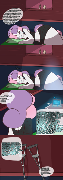 Size: 1280x3628 | Tagged: anthro, artist:somescrub, ask nudist sweetie belle, belly button, clothes, computer, crutches, crying, derpibooru import, explicit source, laptop computer, midriff, safe, sweetie belle, tumblr