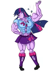 Size: 853x1280 | Tagged: suggestive, artist:pandatarius, derpibooru import, twilight sparkle, equestria girls, abs, biceps, blouse, boots, bra, breasts, clothes, fetish, flexing, midriff, muscle expansion, muscle fetish, muscles, panties, proud, skirt, smiling, torn clothes, twilight muscle, underwear, wardrobe malfunction, wink