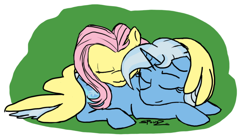 Size: 900x517 | Tagged: safe, artist:spectralunicorn, derpibooru import, ponibooru import, fluttershy, trixie, pony, unicorn, female, hug, lesbian, mare, shipping, sleeping, solo, trixieshy, winghug