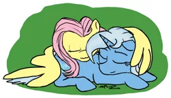 Size: 900x517 | Tagged: safe, artist:spectralunicorn, derpibooru import, ponibooru import, fluttershy, trixie, pony, unicorn, female, hug, lesbian, mare, shipping, sleeping, solo, trixieshy, winghug