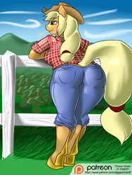 Size: 750x1000 | Tagged: anthro, applebucking thighs, applebutt, applejack, artist:stigma-photon, ass, boots, breasts, busty applejack, clothes, cowboy hat, derpibooru import, female, fence, flannel, freckles, hat, jeans, smiling, stetson, suggestive, sweet apple acres, the ass was fat, thighs, unguligrade anthro
