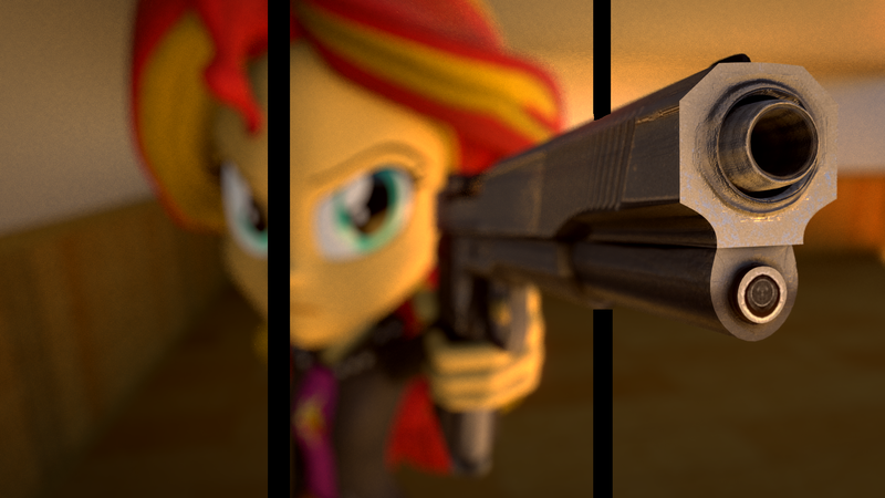 Size: 1920x1080 | Tagged: safe, alternate version, artist:creatorofpony, derpibooru import, sunset shimmer, equestria girls, /mlp/, 3d, 3d model, 3dby2lines, black lines, blender, depth of field, gun, m1911, pistol, solo