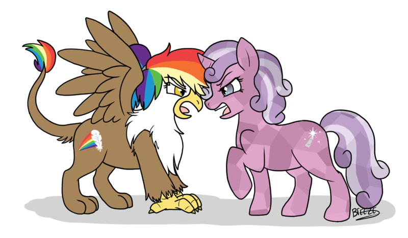 Size: 1024x598 | Tagged: safe, artist:breezepleeze, derpibooru import, oc, oc:quartz horn, oc:rainbow feather, unofficial characters only, crystal pony, gryphon, hybrid, pony, unicorn, cutie mark, female, filly, interspecies offspring, magical lesbian spawn, offspring, parent:gilda, parent:rainbow dash, parents:gildash, rivalry