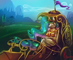 Size: 3068x2545 | Tagged: anthro, artist:alumx, carriage, derpibooru import, eyes closed, princess celestia, safe, solo