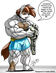 Size: 993x1280 | Tagged: anthro, artist:docwolph, clothes, derpibooru import, fetish, muscle fetish, muscles, my muscle pony, pipsqueak, pumpsqueak, signature, solo, suggestive, topless