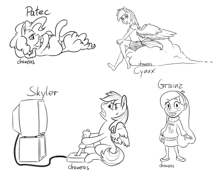 Size: 2499x2148 | Tagged: anthro, artist:draneas, cake, cloud, controller, derpibooru import, feet, gaming, hug, joystick, mabel pines, monochrome, pinkie pie, plantigrade anthro, rainbow dash, safe, sketch