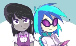 Size: 500x300 | Tagged: safe, artist:baekgup, derpibooru import, octavia melody, vinyl scratch, equestria girls, duo, octavia is not amused, sunglasses, unamused, vinyl scratch is amused