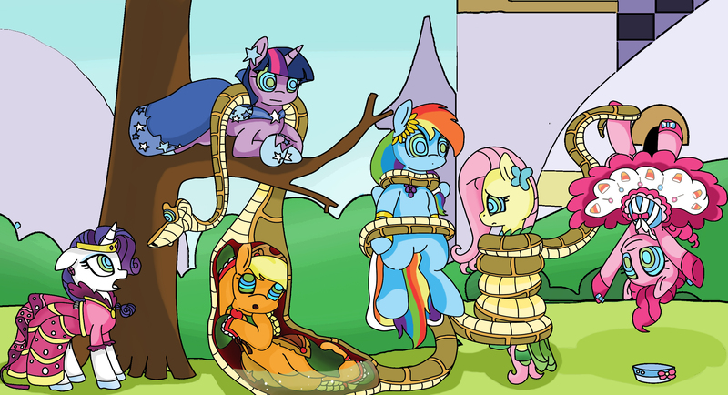 Size: 2694x1463 | Tagged: dead source, grimdark, questionable, artist:mistydash, derpibooru import, applejack, fluttershy, pinkie pie, rainbow dash, rarity, twilight sparkle, pony, snake, clothes, coils, dress, fetish, gala dress, hung upside down, hypnosis, hypnotized, image, jpeg, kaa, kaa eyes, mane six, mind control, preyjack, stomach acid, suspended, tree, upside down, vore, x-ray