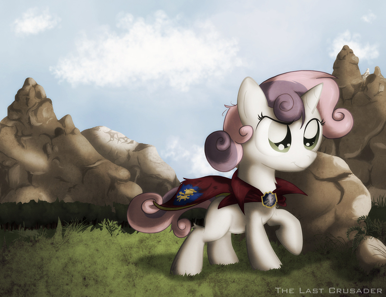 Size: 1075x826 | Tagged: artist:sip, cape, clothes, cmc cape, derpibooru import, fluffy, grass, messy mane, raised hoof, safe, smiling, solo, sweetie belle