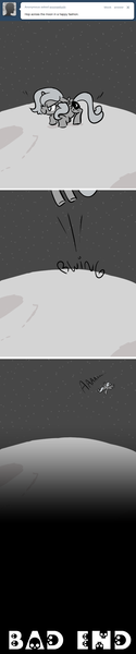 Size: 647x3114 | Tagged: aaaaaaaaaa, artifact, artist:egophiliac, ask, bad end, boing, comic, crouching, cute, derpibooru import, filly, flailing, floppy ears, gravity, grayscale, grimcute, implied death, jumping, monochrome, moon, moonstuck, princess luna, pronking, safe, screaming, skull, smiling, smirk, solo, space, spread wings, tumblr, wings, woona