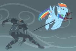 Size: 850x568 | Tagged: artist:scintillant-h, blood, dashabuse, deathstroke, deathstroke the terminator, derpibooru import, grimdark, impalement, javelin, rainbow dash, slade, spear, teen titans