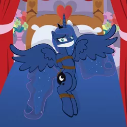 Size: 894x893 | Tagged: artist:radiantrealm, belly button, bondage, cloth gag, derpibooru import, female, gag, princess luna, show accurate, show accurate porn, solo, solo female, suggestive, worried