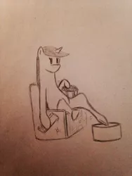 Size: 1536x2048 | Tagged: artist:coffee mixer, derpibooru import, food, monochrome, oc, oc:serenity pony, popcorn, recliner, remote, safe, solo, traditional art, unofficial characters only