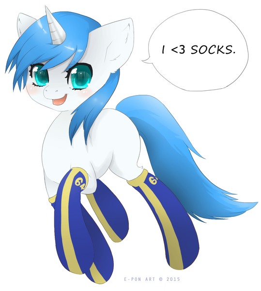 Size: 1338x1489 | Tagged: artist:e-pon, clothes, cute, derpibooru import, fallout equestria, looking at you, oc, oc:aquamarine, open mouth, reflection, safe, simple background, smiling, socks, solo, speech bubble, trotting, unofficial characters only, white background