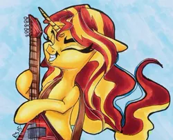 Size: 400x325 | Tagged: safe, artist:tinyunicornfarm, derpibooru import, sunset shimmer, pony, unicorn, electric guitar, guitar, solo, sunset shredder, traditional art