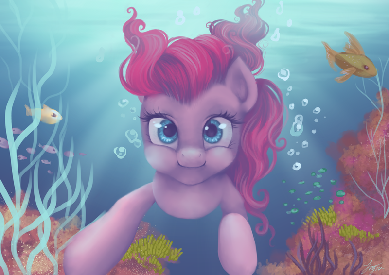 Size: 3508x2480 | Tagged: artist:katyand, bubble, coral, derpibooru import, fish, high res, pinkie pie, safe, solo, underwater