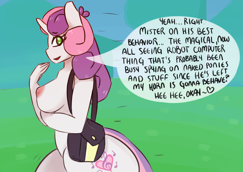 Size: 1280x907 | Tagged: questionable, artist:somescrub, derpibooru import, sweetie belle, anthro, ask nudist sweetie belle, breasts, busty sweetie belle, exhibitionism, female, nipples, nudity, odd equestria, practitioner of naturism, public nudity, purse, tumblr