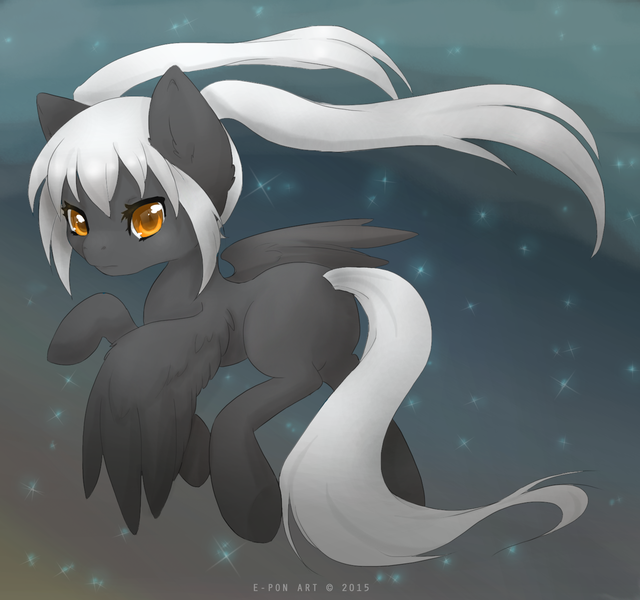 Size: 1571x1473 | Tagged: safe, artist:e-pon, derpibooru import, oc, oc:rarefaction, unofficial characters only, pegasus, pony, fluffy, flying, frown, glare, looking at you, looking back, pigtails, solo, spread wings, twintails, underhoof