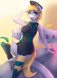 Size: 884x1200 | Tagged: anthro, artist:drbdnv, boots, clothes, corset, derpibooru import, dress, oc, oc:rafale, original species, plane, plane pony, safe, salute, socks, solo, thigh highs, unguligrade anthro, unofficial characters only