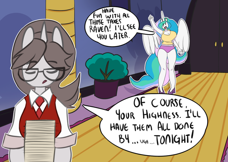 Size: 1280x907 | Tagged: anthro, artist:somescrub, ask nudist sweetie belle, breasts, busty princess celestia, cleavage, clothes, derpibooru import, dialogue, eyes closed, female, glasses, odd equestria, princess celestia, raven, speech bubble, suggestive, taxes, tumblr, work