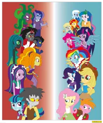 Size: 1024x1226 | Tagged: safe, artist:conikiblasu-fan, derpibooru import, adagio dazzle, ahuizotl, applejack, aria blaze, big macintosh, derpy hooves, discord, fluttershy, king sombra, mane-iac, pinkie pie, princess celestia, princess luna, queen chrysalis, rainbow dash, rarity, sonata dusk, sunset shimmer, trixie, twilight sparkle, twilight sparkle (alicorn), equestria girls, antagonist, mane six, the dazzlings, the rainbooms