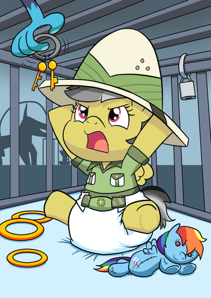 Size: 883x1248 | Tagged: safe, artist:artiecanvas, derpibooru import, ahuizotl, daring do, rainbow dash, pony, age regression, baby, baby pony, dawing do, diaper, foal, plushie, poofy diaper