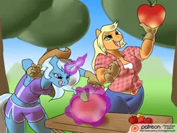 Size: 1000x750 | Tagged: anthro, apple, applejack, artist:stigma-photon, derpibooru import, magic, safe, trixie