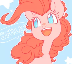 Size: 620x551 | Tagged: safe, artist:buljong, derpibooru import, pinkie pie, blue background, bust, cute, dialogue, diapinkes, happy, heart eyes, no pupils, open mouth, portrait, simple background, smiling, solo, speech bubble, stars, wingding eyes