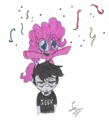 Size: 2142x2412 | Tagged: artist:leyzy, confetti, crossover, dan, dan vs, derpibooru import, glare, grumpy, pinkie pie, safe, simple background, smiling, traditional art, transparent background