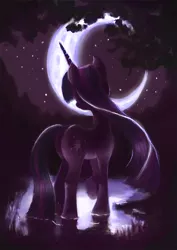 Size: 1240x1754 | Tagged: safe, artist:plainoasis, derpibooru import, twilight sparkle, pony, unicorn, crescent moon, female, mare, moon, night, raised hoof, solo, stars, transparent moon, water