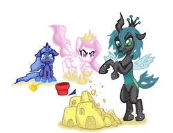 Size: 3300x2550 | Tagged: alicorn, angry, artist:redanon, bucket, cewestia, changeling, changeling queen, crying, cute, cutealis, cutelestia, derpibooru import, female, filly, foal, lunabetes, nymph, princess celestia, princess luna, queen chrysalis, safe, sand castle, shovel, woona, younger