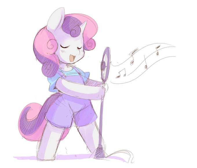 Size: 680x580 | Tagged: anthro, arm hooves, artist:ende26, cute, derpibooru import, diasweetes, microphone, overalls, safe, singing, solo, sweetie belle