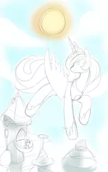 Size: 471x750 | Tagged: artist:ende26, balcony, derpibooru import, filly, monochrome, neo noir, partial color, princess celestia, princess luna, safe, sketch, sun, woona