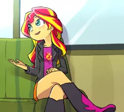 Size: 552x500 | Tagged: dead source, safe, artist:baekgup, derpibooru import, sunset shimmer, equestria girls, rainbow rocks, blushing, boots, clothes, cute, female, jacket, legs, open mouth, shimmerbetes, shoes, sitting, solo, window