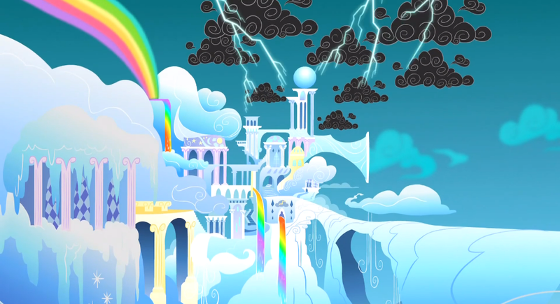 Size: 1099x597 | Tagged: background, bridge, cloud, cloud city, cloudsdale, derpibooru import, lightning, no pony, rainbow, rainbow waterfall, safe, scattered thunderstorms, screencap, sonic rainboom (episode), stormcloud, weather factory