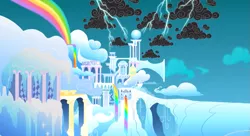 Size: 1099x597 | Tagged: background, bridge, cloud, cloud city, cloudsdale, derpibooru import, lightning, no pony, rainbow, rainbow waterfall, safe, scattered thunderstorms, screencap, sonic rainboom (episode), stormcloud, weather factory