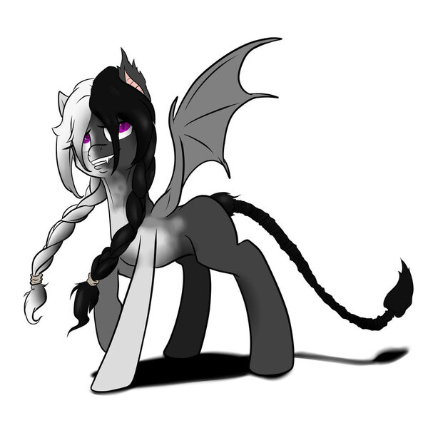 Size: 894x894 | Tagged: safe, artist:slouping, derpibooru import, oc, oc:hel, unofficial characters only, bat pony, pony, bat wings, half-breed, two colour hair