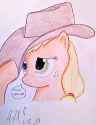 Size: 1558x2044 | Tagged: safe, artist:a7xcaramel, derpibooru import, applejack, solo, speech bubble, traditional art