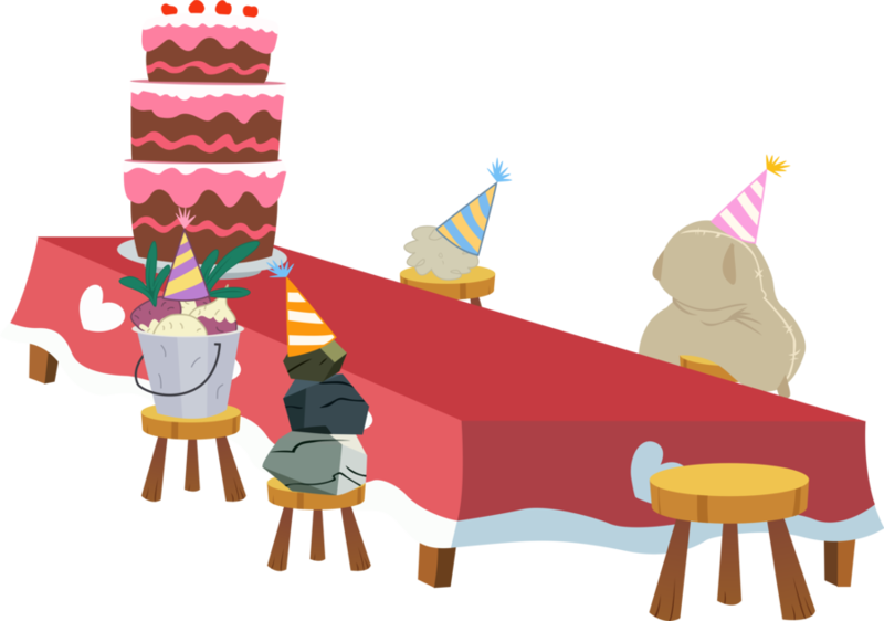Size: 900x632 | Tagged: artist:spaceponies, bucket, cake, derpibooru import, dust bunny, food, hat, madame le flour, mr. turnip, no pony, party hat, party of one, rock, rocky, sack, safe, simple background, sir lintsalot, stool, table, tablecloth, transparent background, turnip, vector
