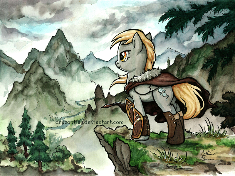 Size: 1800x1350 | Tagged: safe, artist:dracontiar, derpibooru import, derpy hooves, pegasus, pony, cloak, clothes, crossover, epic derpy, female, mare, mountain, scenery, scenery porn, skyrim, solo, the elder scrolls, traditional art, windswept mane