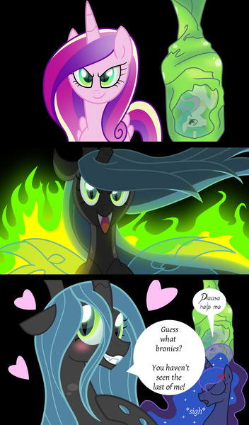 Size: 1304x2221 | Tagged: artist:astralmelodia, artist:aurora-chiaro, bad end, blushing, changeling, cocoon, derpibooru import, disguise, disguised changeling, fake cadance, heart, princess celestia, princess luna, queen chrysalis, safe