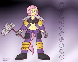 Size: 5000x4000 | Tagged: absurd resolution, anthro, armor, artist:scobionicle99, belly button, bionicle, crossover, derpibooru import, fluttershy, lego, midriff, onua, safe, solo, unconvincing armor, weapon