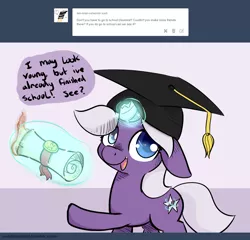 Size: 1280x1229 | Tagged: artist:artguydis, askdisastral, broken horn, derpibooru import, diploma, fire, graduation cap, hat, oc, oc:disastral, safe, scroll, solo, tumblr, unofficial characters only