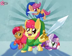 Size: 1000x773 | Tagged: apple bloom, artist:clouddg, babs seed, bomb, cosplay, cutie mark crusaders, derpibooru import, hat, hoof hold, link, mouth hold, rupee, safe, scootaloo, sunburst background, sweetie belle, sword, the legend of zelda, the legend of zelda: four swords, tunic, weapon
