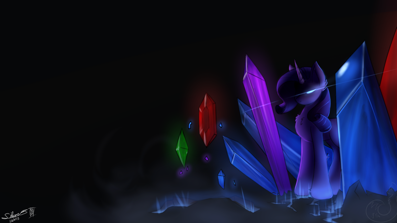 Size: 1920x1080 | Tagged: artist:silverfox057, crystal, derpibooru import, glowing eyes, rarity, safe, solo, wallpaper