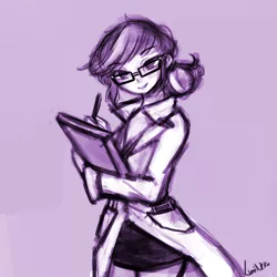 Size: 500x500 | Tagged: safe, artist:lumineko, derpibooru import, sci-twi, twilight sparkle, equestria girls, alternate hairstyle, clipboard, clothes, glasses, lab coat, looking at you, smiling, solo