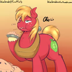 Size: 900x900 | Tagged: safe, artist:nekocrispy, derpibooru import, big macintosh, earth pony, pony, :t, bedroom eyes, bhm, bigger macintosh, chubby, chubby cheeks, cute, eating, fat, fluffy, male, messy eating, pie, puffy cheeks, sequence, smiling, solo, stallion, weight gain, weight gain sequence